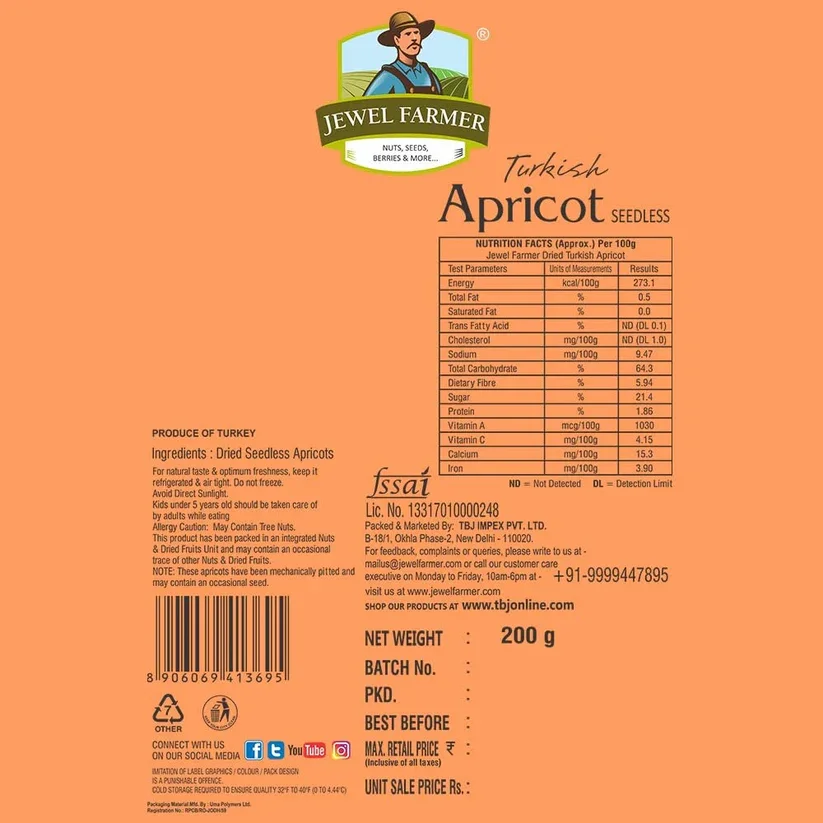 Jewel Farmer Premium Dried Turkish Apricot(Khumani) Seedless 200gm image 2