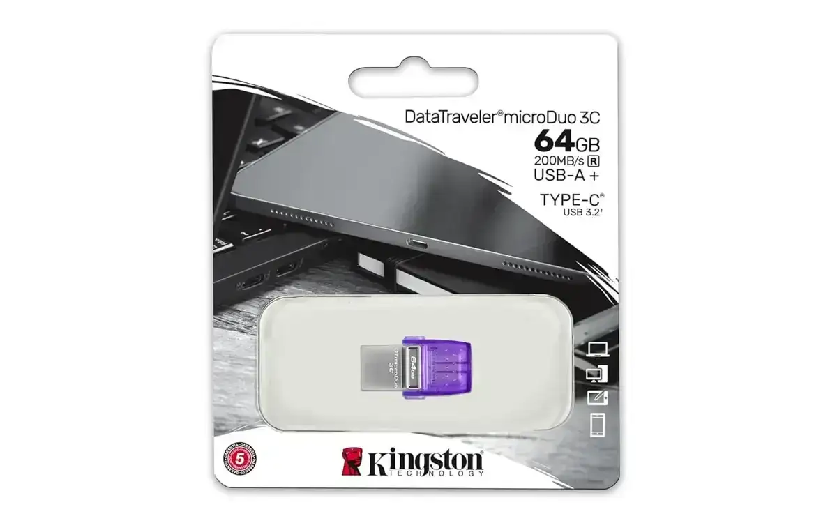 Kingston DataTraveler microDuo 3C 64GB USB-C & USB-A Pen Drive, Read Speed up to 200MB/s USB 3.2 Gen 1 Duo Connector DTDUO3CG3/64GB, 5 Year Warranty image 5