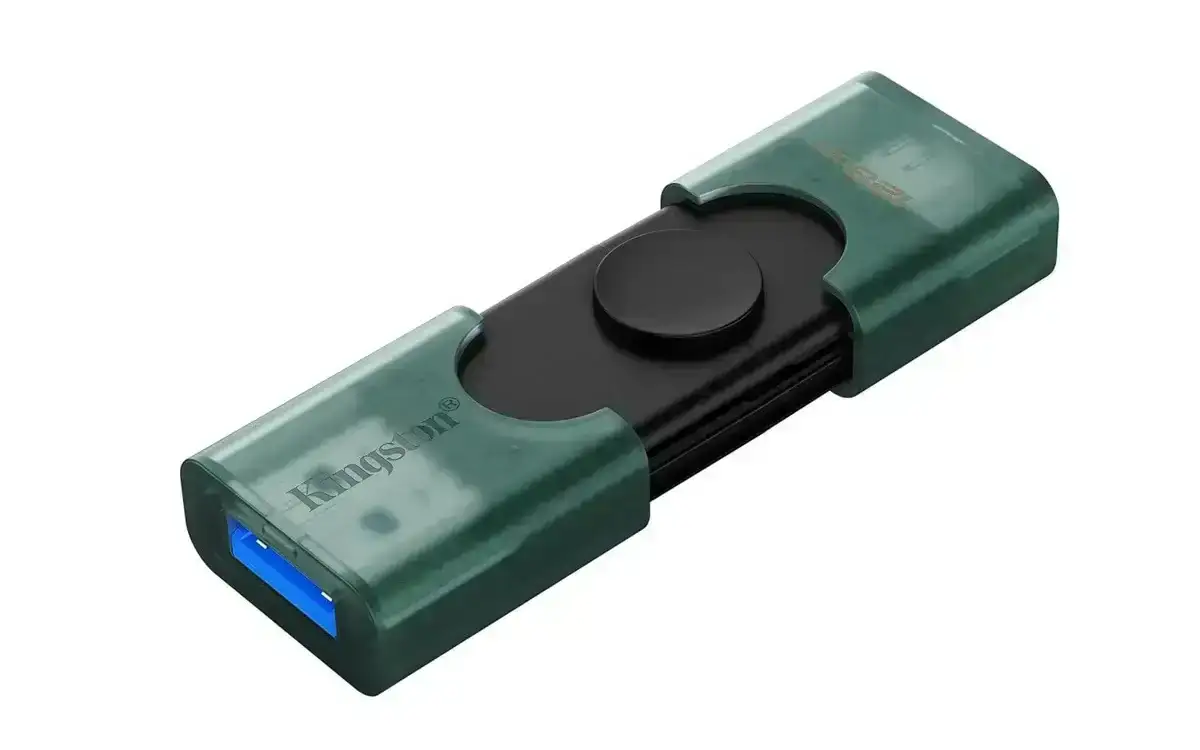 Kingston DataTraveler Duo 128GB USB flash drive with USB-A and USB-C connectors.