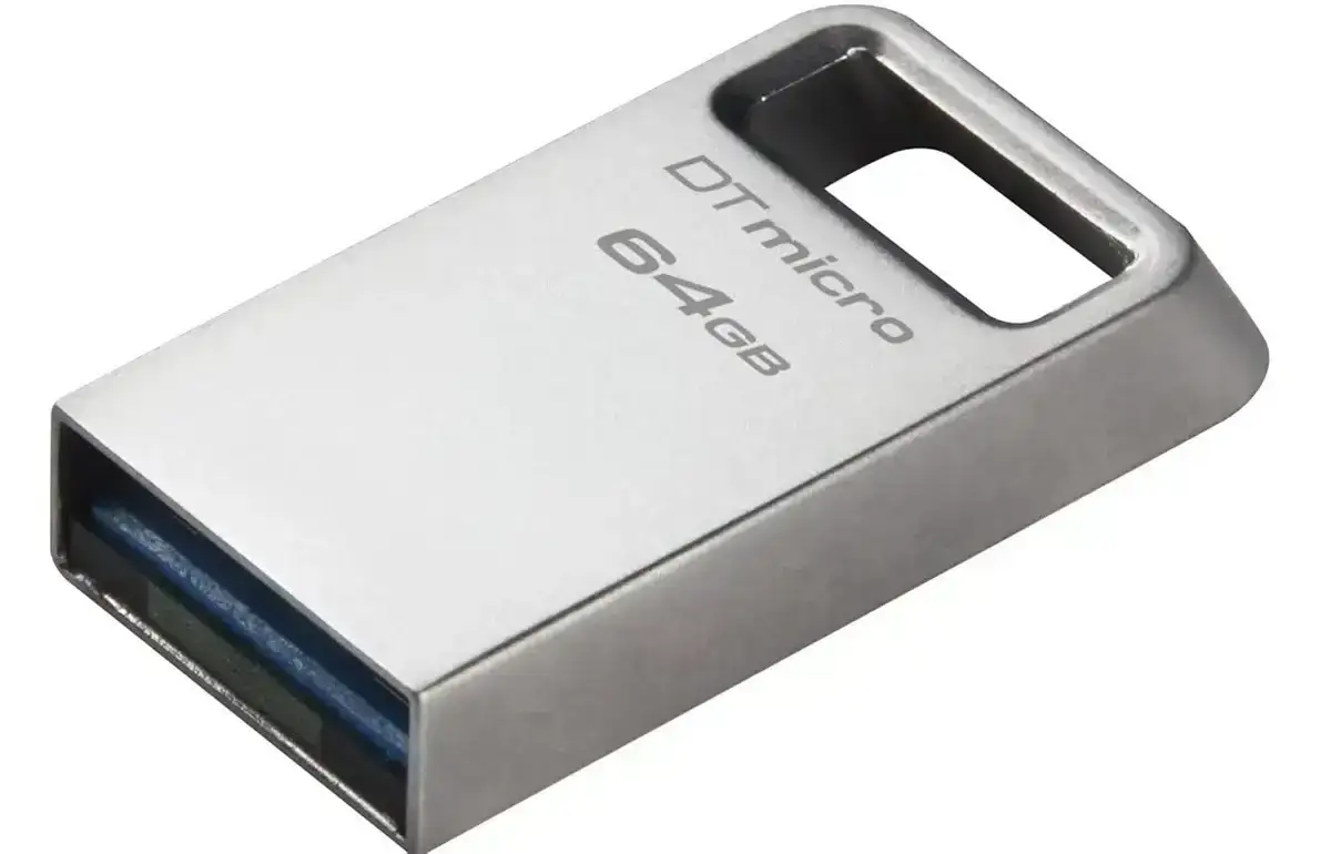 Kingston DataTraveler Micro 128GB USB 3.2 Gen 1 flash drive with metal design. Fast 200MB/s read speed and 5-year warranty.