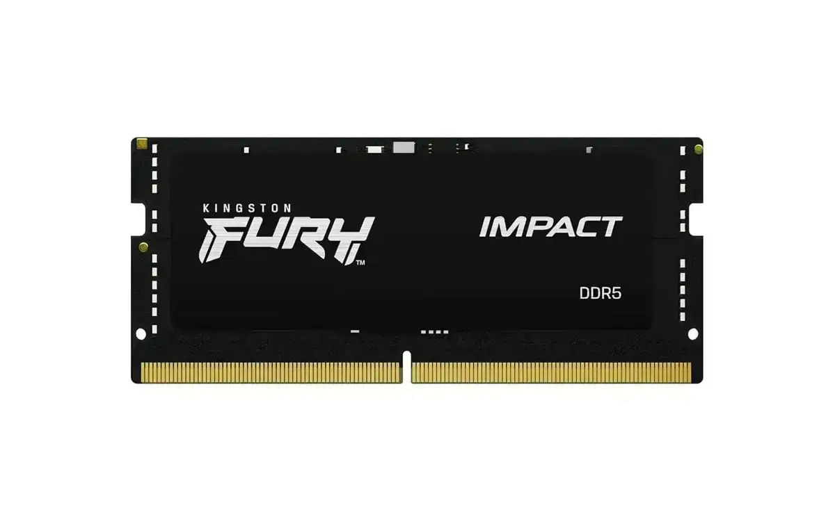 Kingston Fury Impact 32GB 5600MT/s DDR5 CL40 laptop memory module. Intel XMP 3.0, lower power consumption, and 10-year warranty.
