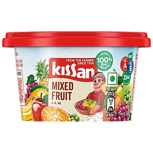 Kissan Mixed Fruit Jam, 90g Tub. Made with 100% real fruit ingredients.
