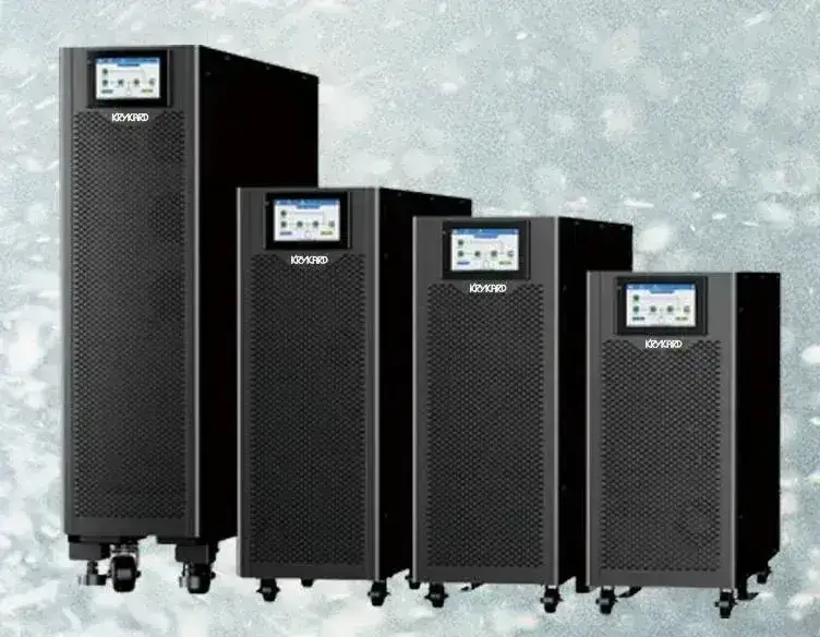 Krykard 20 KVA online UPS EH-33-020. Three phase input/output, 5-inch touchscreen, and 2-year warranty. Battery not included.