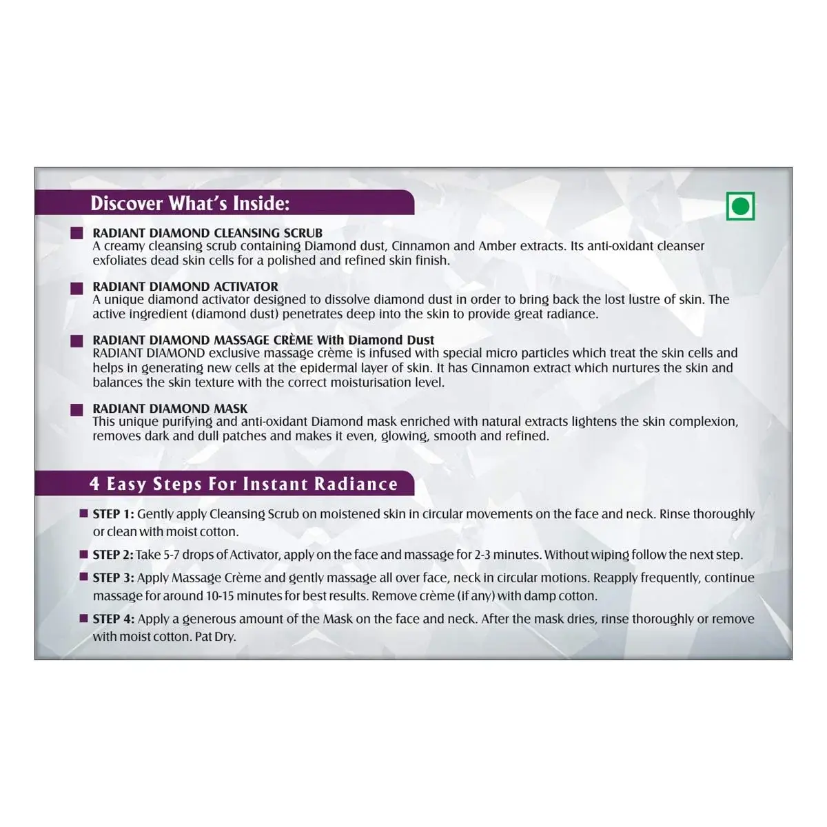 Lotus Herbals Radiant Diamond Cellular Radiance 1 Facial Kit | With Diamon Dust & Cinnamon, 37gm image 8