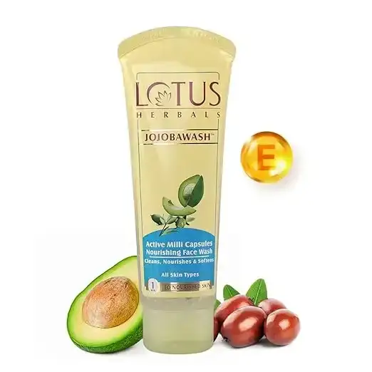 Lotus Herbals Jojobawash Nourishing Face Wash with Active Milli Capsules, 80g. A gentle and hydrating cleanser.