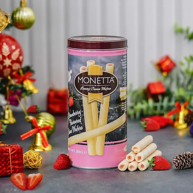 Monetta Strawberry Flavored Cream Wafers Rolls - 300g, Crispy & Creamy Waffer image 2