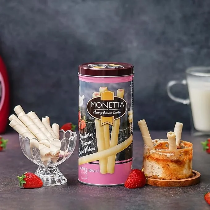 Monetta Strawberry Flavored Cream Wafers Rolls - 300g, Crispy & Creamy Waffer image 3