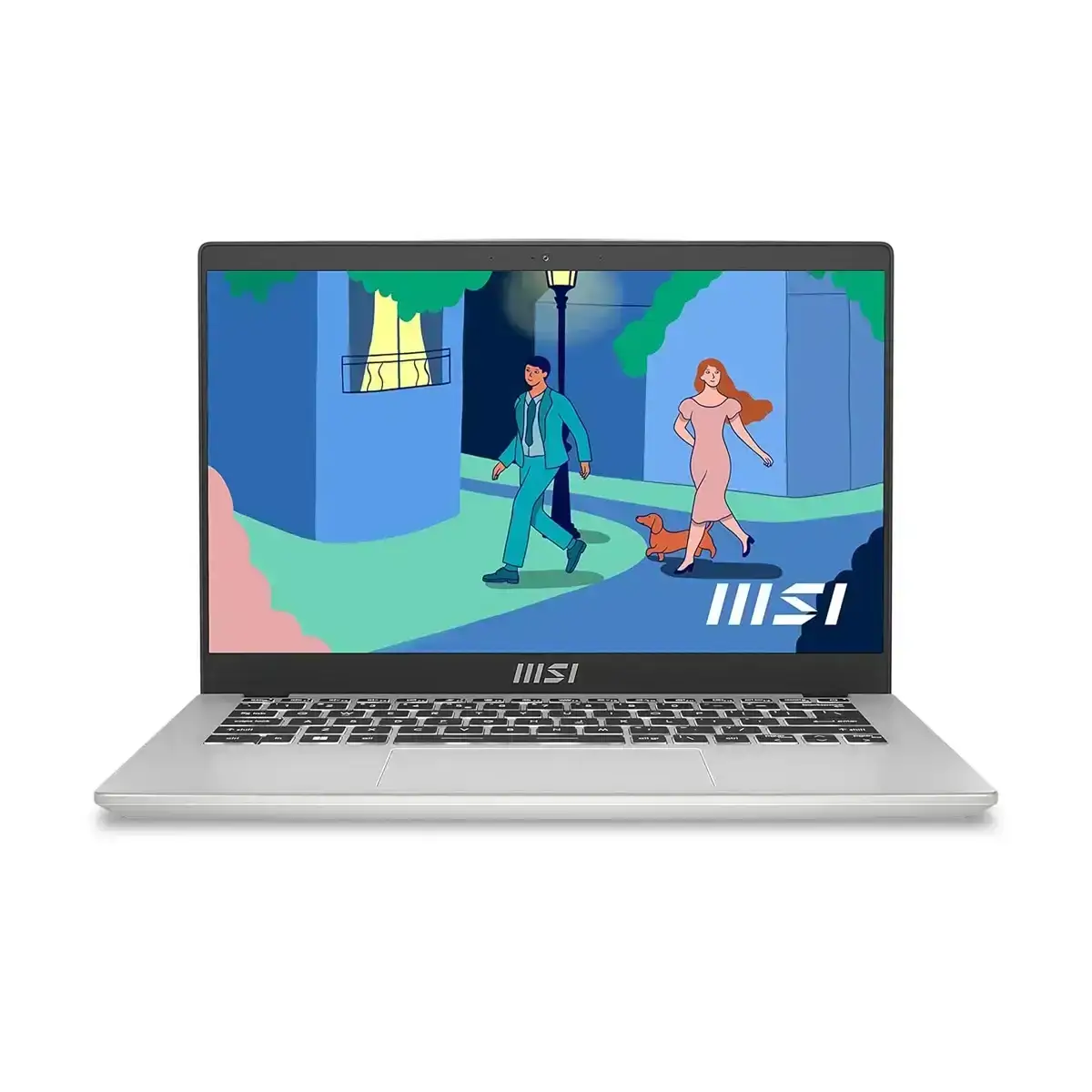 MSI Modern 14 Urban Silver laptop with Intel i3, 8GB RAM, 512GB SSD, 14-inch FHD+ display, and Windows 11.