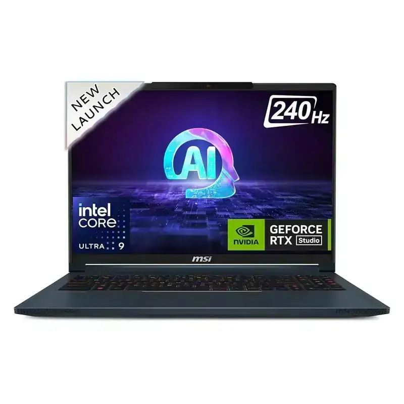 MSI Stealth 16 AI Studio laptop, Star Blue, with RTX 4070, Core Ultra 9, 32GB RAM, and 2TB SSD. 