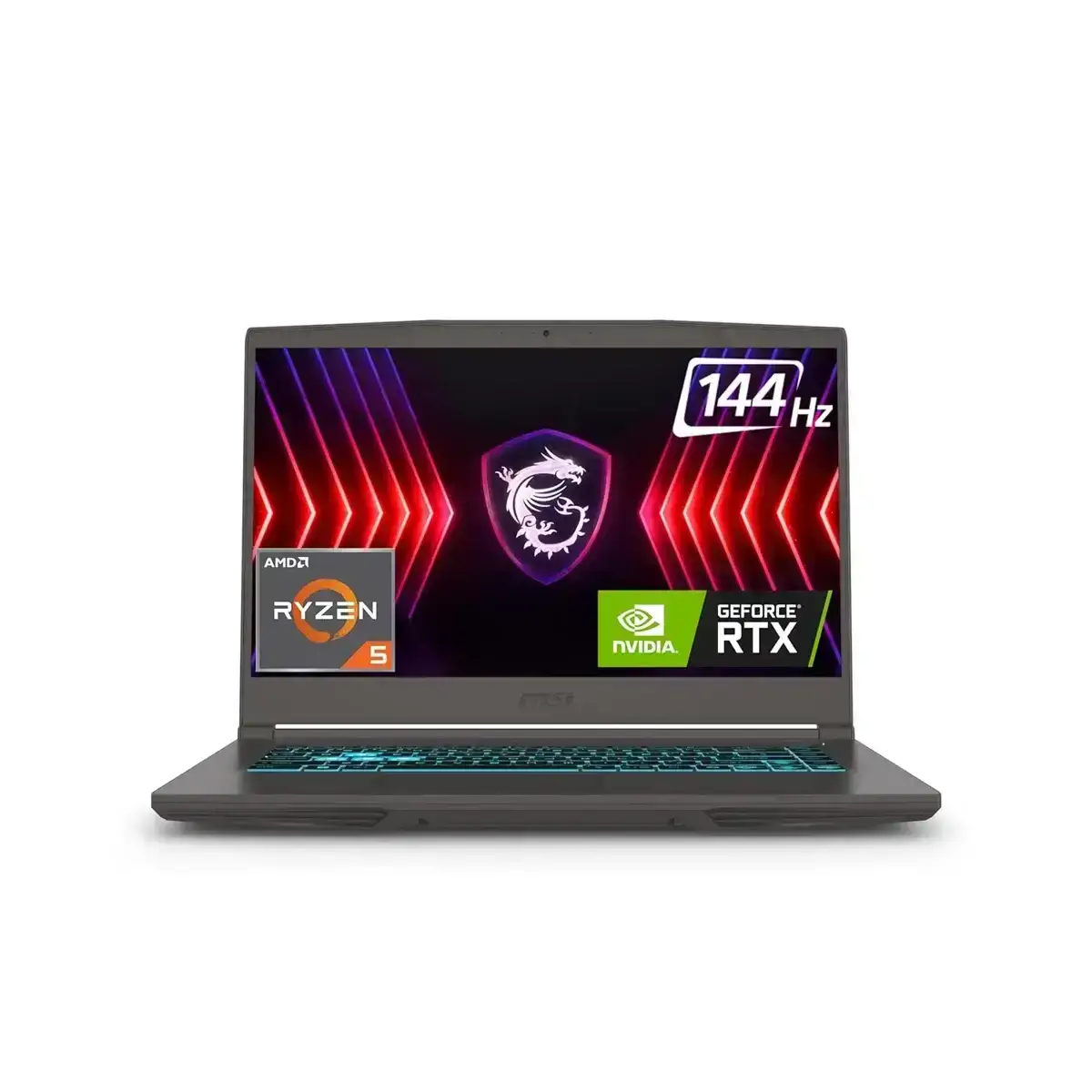 MSI Thin 15 Cosmos Gray laptop with Ryzen 5-7535HS, RTX 3050, 16GB RAM, 1TB SSD, and 144Hz FHD display.