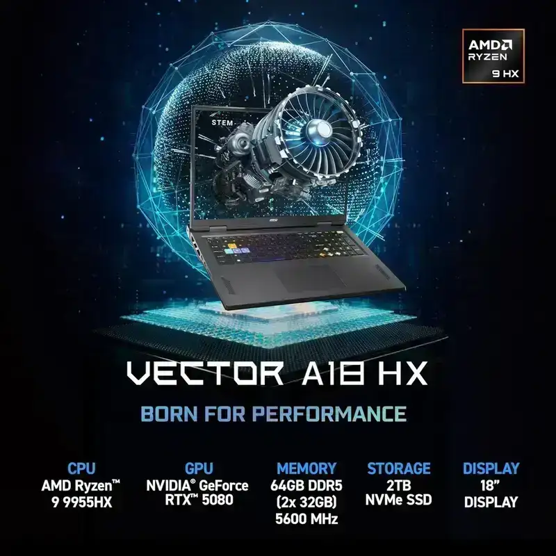 MSI Vector A18 HX, AMD Ryzen 9 9955HX, 32GB GB DDR5 RAM or Memory, 2TB NVMe SSD, NVIDIA GeForce RTX 5070 Ti DDR7 12GB, 18” QHD+ (2560x1600), 240Hz, IPS-Level, Windows 11 Home, Cosmos Gray, 3.6 Kg, A9WHG-033IN, 2 Year Warranty image 3