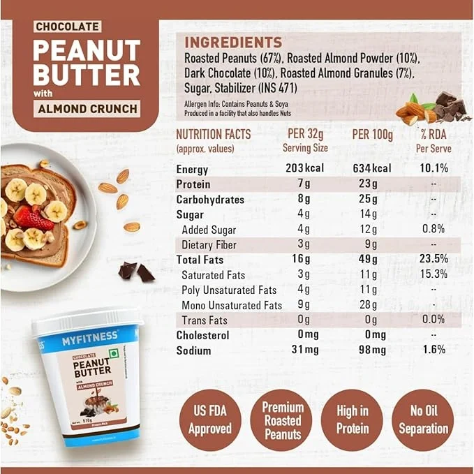 MYFITNESS Peanut Butter Chocolate Spread with Almond Crunch 510g | 25g Protein & 9g Fiber |  image 6