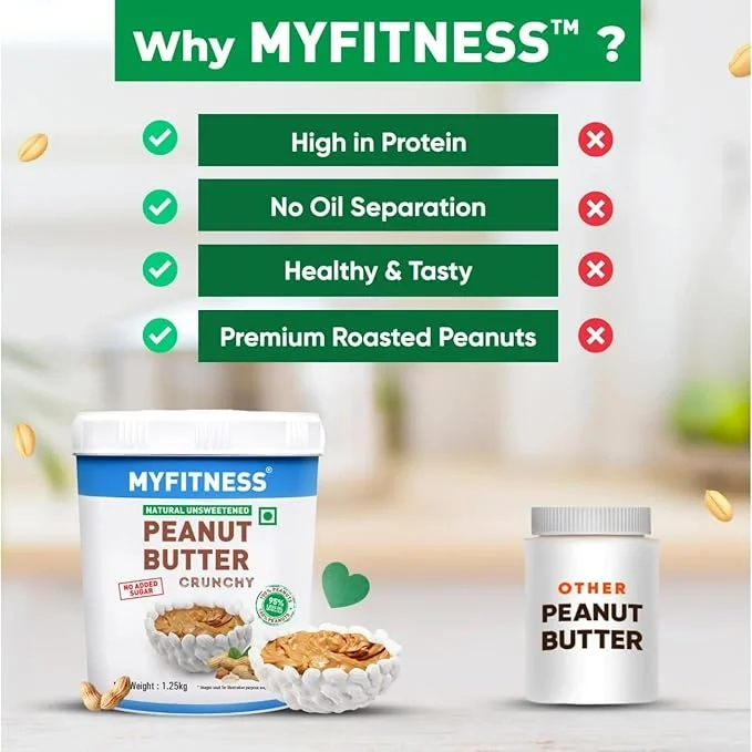 MYFITNESS Natural Unsweetened Peanut Butter Crunchy, 1.25kg image 3