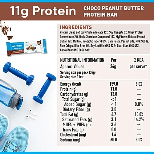  PRO.FITNESS Chocolate Peanut Butter Protein Bars with 11g Protein | No Added Sugar, No Preservatives, No Trans Fat | Healthy & Tasty, 34gm  image 7