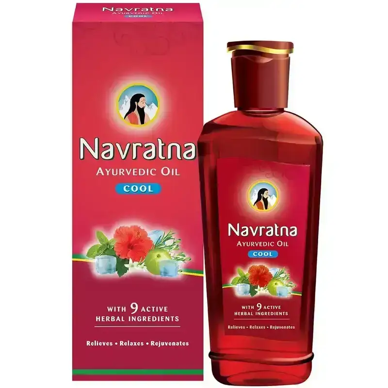 Navratna Ayurvedic Cool Oil 180ml. Cooling hair oil with herbal extracts for stress relief and relaxation.