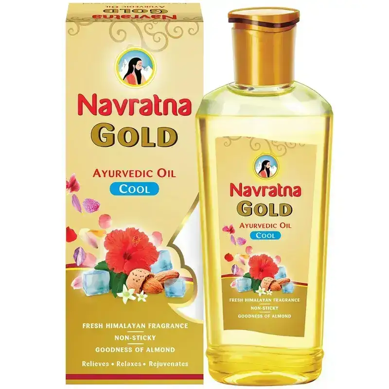 Navratna Gold Ayurvedic Cool Oil 500ml. Ayurvedic oil for stress relief, headaches, and cooling. 