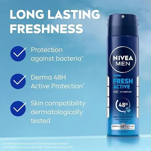 NIVEA Fresh Active 150ml Deodorant Spray, Clean, Fresh Fragrance for Office, Gym & Everyday Use image 3
