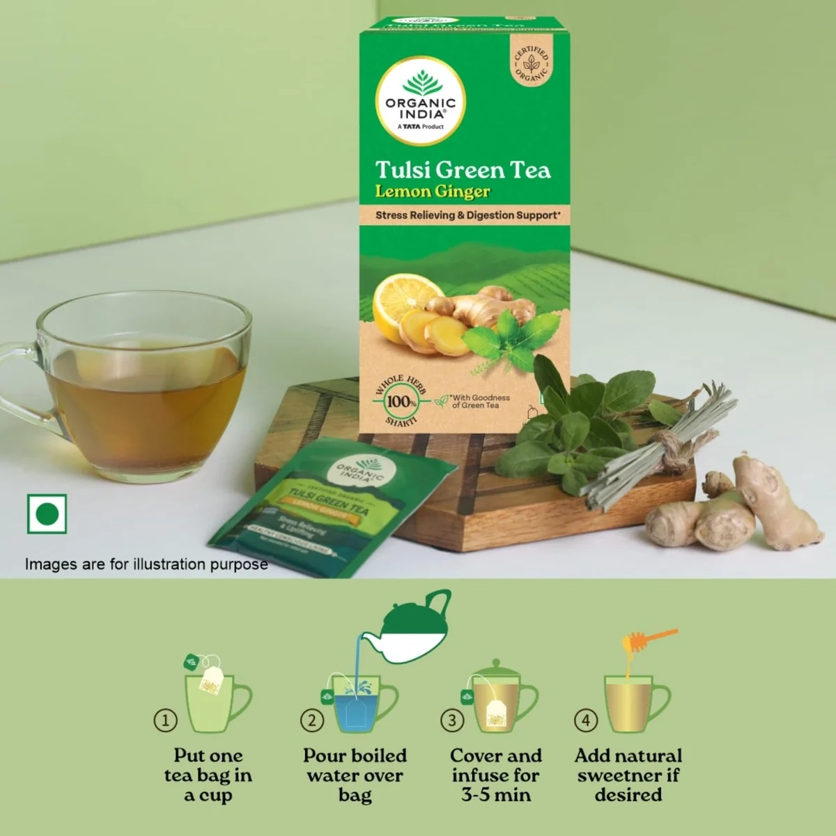 Organic India Tulsi Green Tea Lemon Ginger - 25 Teabags, image 5