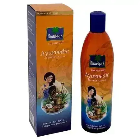Parachute Advansed Ayurvedic Coconut Hair Oil, 400ml bottle. Nourishing hair oil with coconut and ayurvedic herbs.