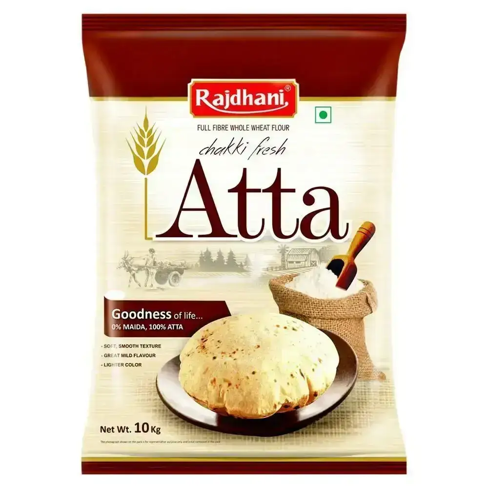 Rajdhani Chakki Fresh Whole Wheat Atta (Flour) 5kg. Full fiber, traditionally ground for soft rotis.