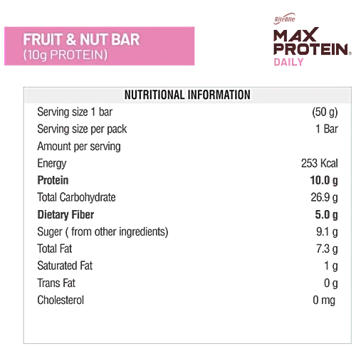  RiteBite Max Protein Daily Fruit & Nut Protein Bars with 10g Protein, 5g Fiber & Vit. A, C, E | No Cholesterol. net weight 50g image 4