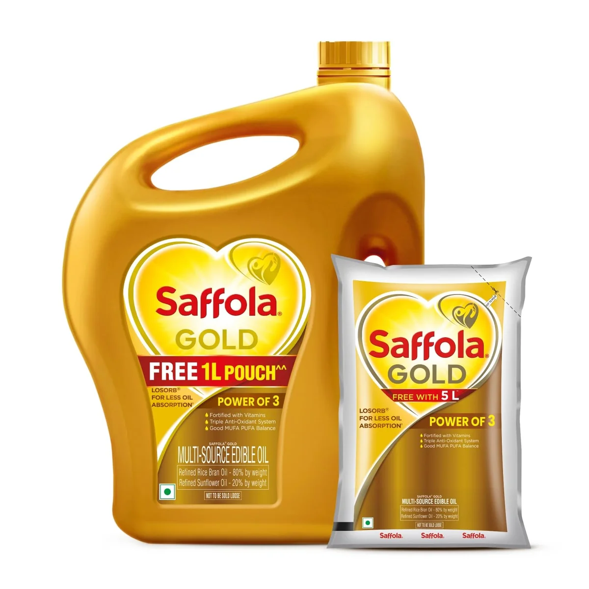 Saffola Gold Refined Cooking Oil, blended with Rice Bran and Sunflower oil, available in 4.5 Litre Jar/5 Litre Jar + Free 1 Litre Pouch (weight may vary)