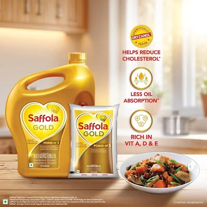  Saffola Gold Refined Cooking oil | Blended of Rice Bran & Sunflower oil | 4.5 Litre Jar/5 Litre Jar + Free 1 Litre Pouch[weight may vary] image 5