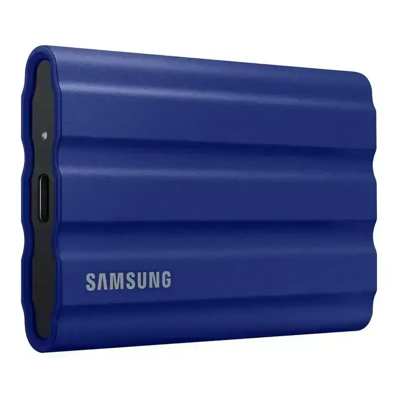 Samsung T7 Shield 2TB portable external SSD (MU-PE2T0R) in blue. Rugged, water & dust resistant USB 3.2 Gen2 drive.