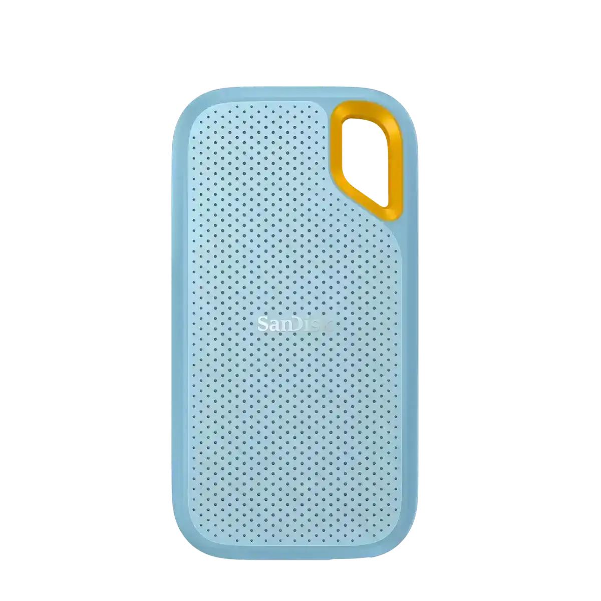 SanDisk Extreme Portable SSD 1TB (Sky Blue) with 1050/1000 MB/s read/write speeds, drop/water/dust resistance, & 5-year warranty.