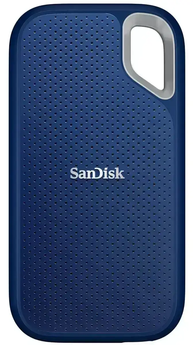 SanDisk Extreme Portable SSD 2TB (Royal Blue) with 1050/1000 MB/s read/write speeds, drop/water/dust resistance.