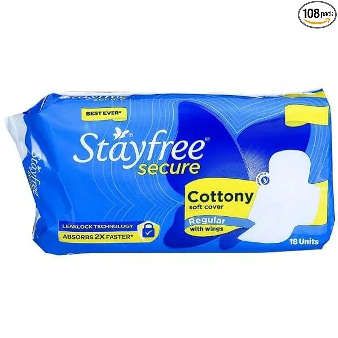 Stayfree Secure Cottony Soft Cover with Wings Sanitary Pads - Regular 18 Count