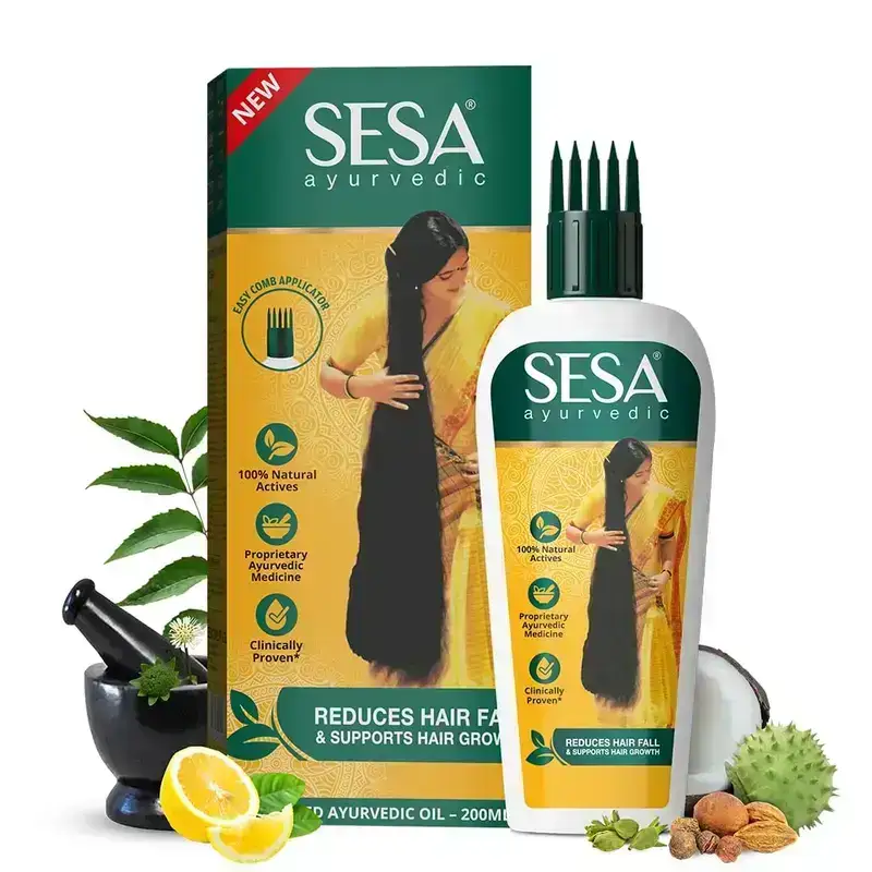 Sesa Ayurvedic Hair Oil with Bhringraj. 200ml bottle. Nourishing hair oil for healthy hair growth and scalp care.