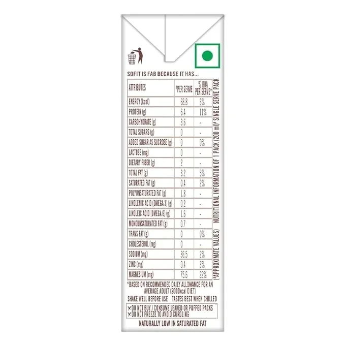  SOFIT Soya Drink Naturally Sugar Free Vegan Drink Enriched With Plant Protein,Dietary Fibers,Vitamins And Calcium Lactose Free Gluten Free Preservatives Free,180 Ml / 200 Ml(Weight May Vary) image 6