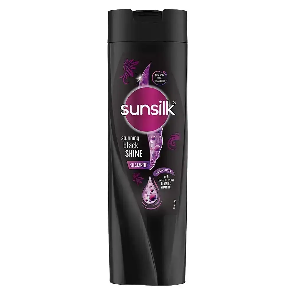 Sunsilk Stunning Black Shine Shampoo, 360 ml bottle. Enhance your black hair's shine with Sunsilk.
