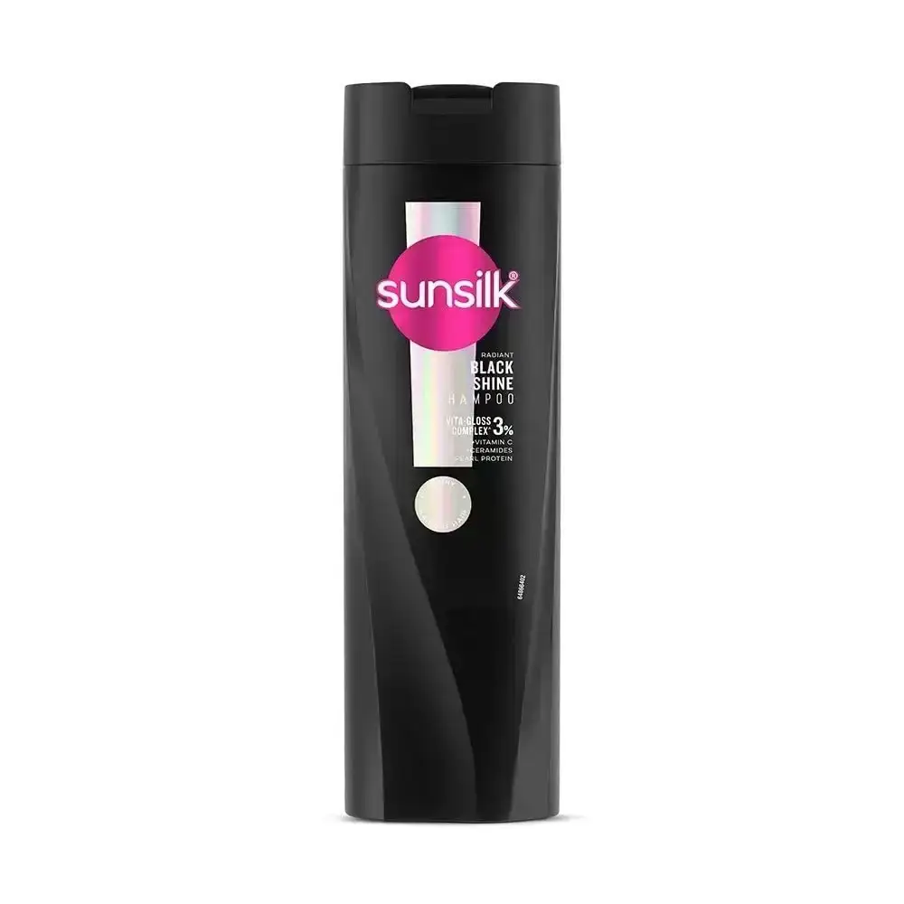 Sunsilk Radiant Black Shine Shampoo, 350ml bottle. Enhances black hair shine and radiance.