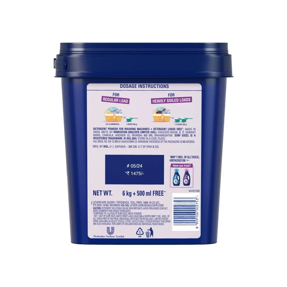  Surf Excel Matic Powder Front Load 6kg +500ml liquid image 3