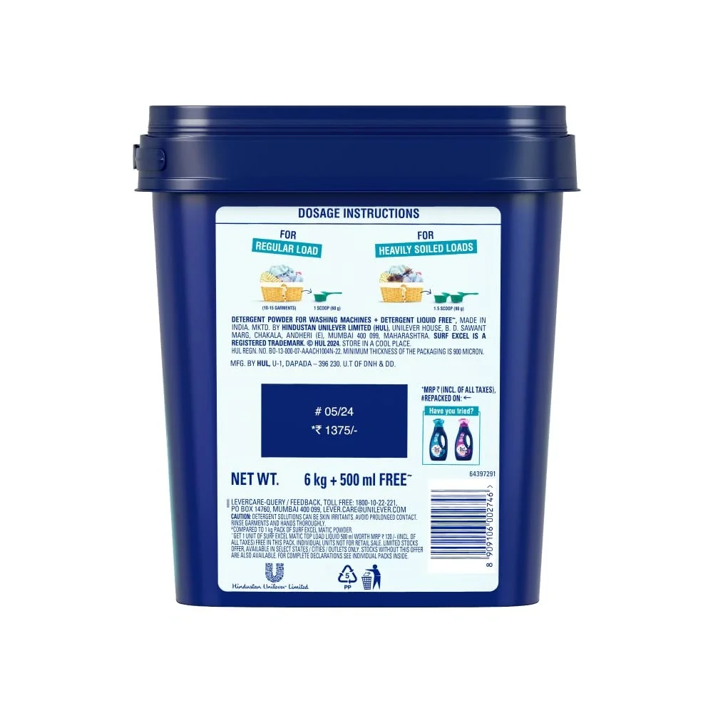  Surf Excel Matic Powder Top Load 6kg +500ml liquid image 3