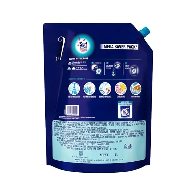 Surf Excel Matic Top Load Liquid Detergent 4L Refill Pouch image 6