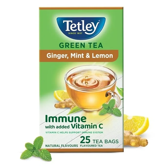 Tetley Green Tea Bags, Ginger Mint Lemon flavor