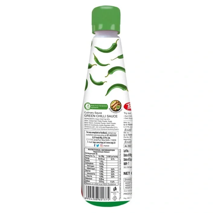 TOPS Premium Green Chilli Sauce - 650 Gm image 2