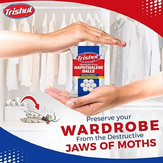  Trishul Naphthalene Moth Balls for Clothes | Bathroom | Wardrobe | Protect Clothes 100% Safe | Smell | free | Stain-Free | Germs Free | ISI Marked | 200 Gram White image 2