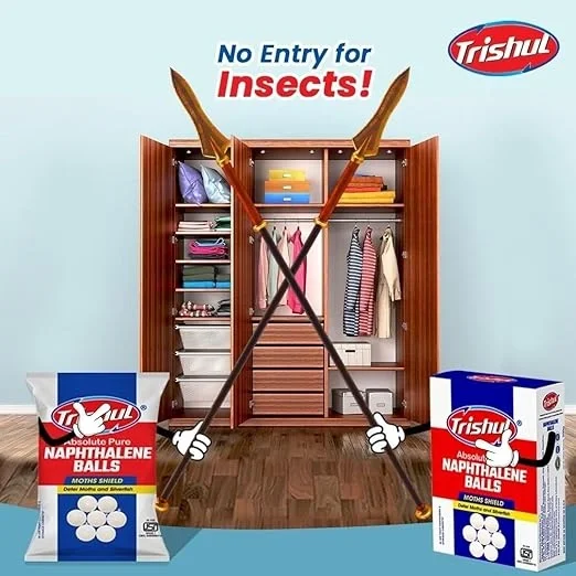  Trishul Naphthalene Moth Balls for Clothes | Bathroom | Wardrobe | Protect Clothes 100% Safe | Smell | free | Stain-Free | Germs Free | ISI Marked | 200 Gram White image 5