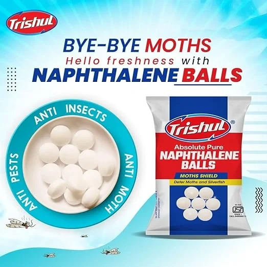 Trishul Naphthalene Moth Balls for Clothes, Bathroom, and Wardrobe - 200 Gram White