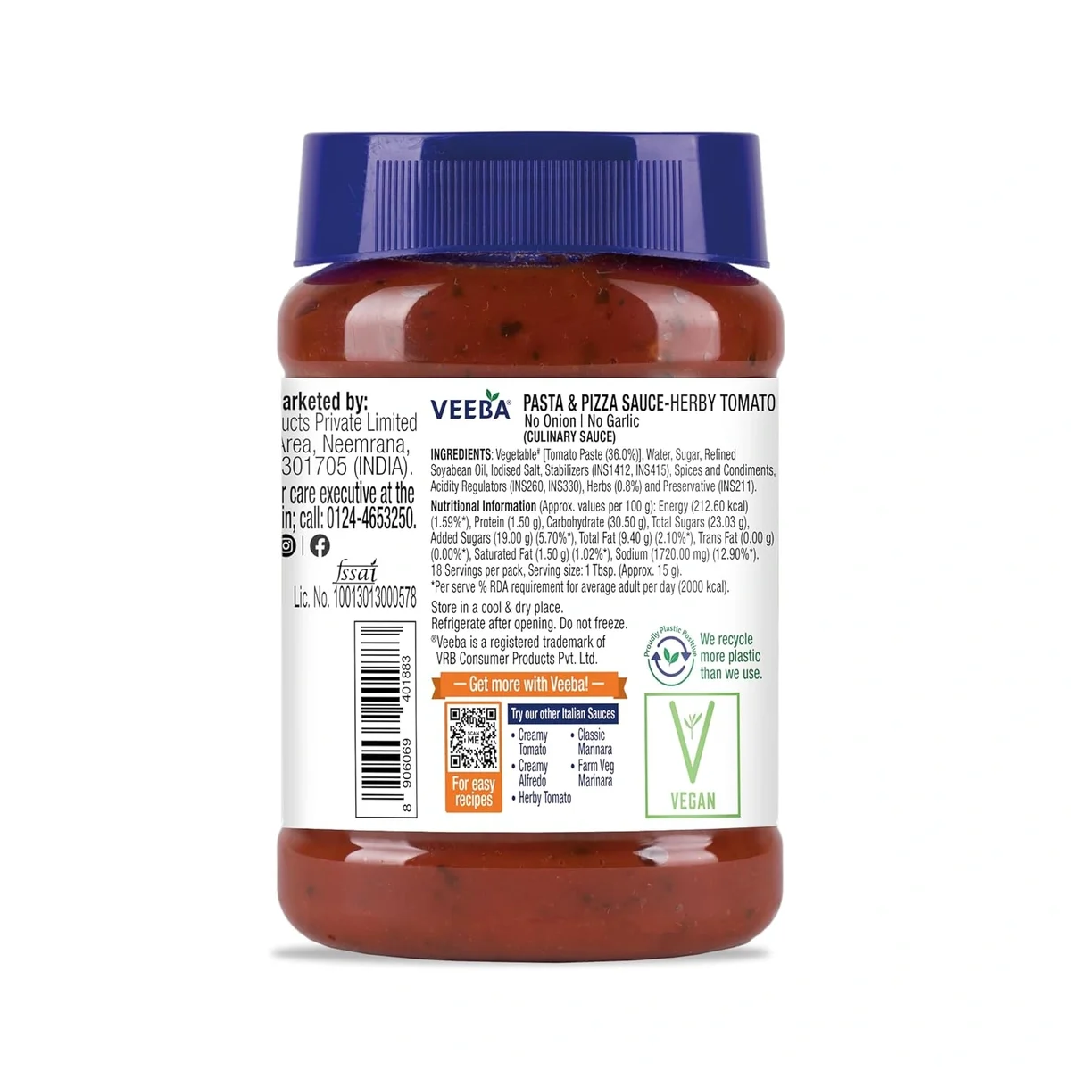 VEEBA Pasta & Pizza Sauce Herby Tomato - No Onion No Garlic, 280G image 4