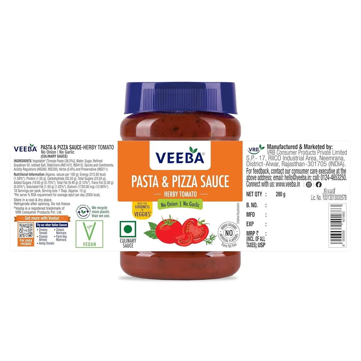 VEEBA Pasta & Pizza Sauce Herby Tomato - No Onion No Garlic, 280G image 3