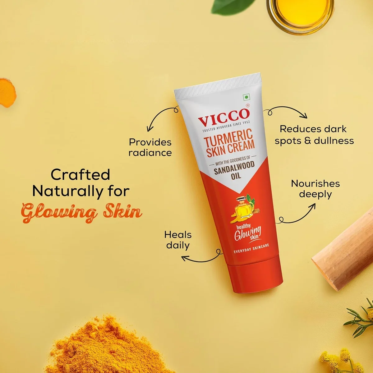 Vicco Turmeric Skin Cream with Goodness of Sandalwood Oil | For Healthy Glowing Skin | 100% Natural Skin Cream for all Skin Types, 30gm  image 7