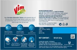 Vim Matic Dishwasher tablets All-In-One (Pack of 30) I Removes Tough Indian Grease image 4