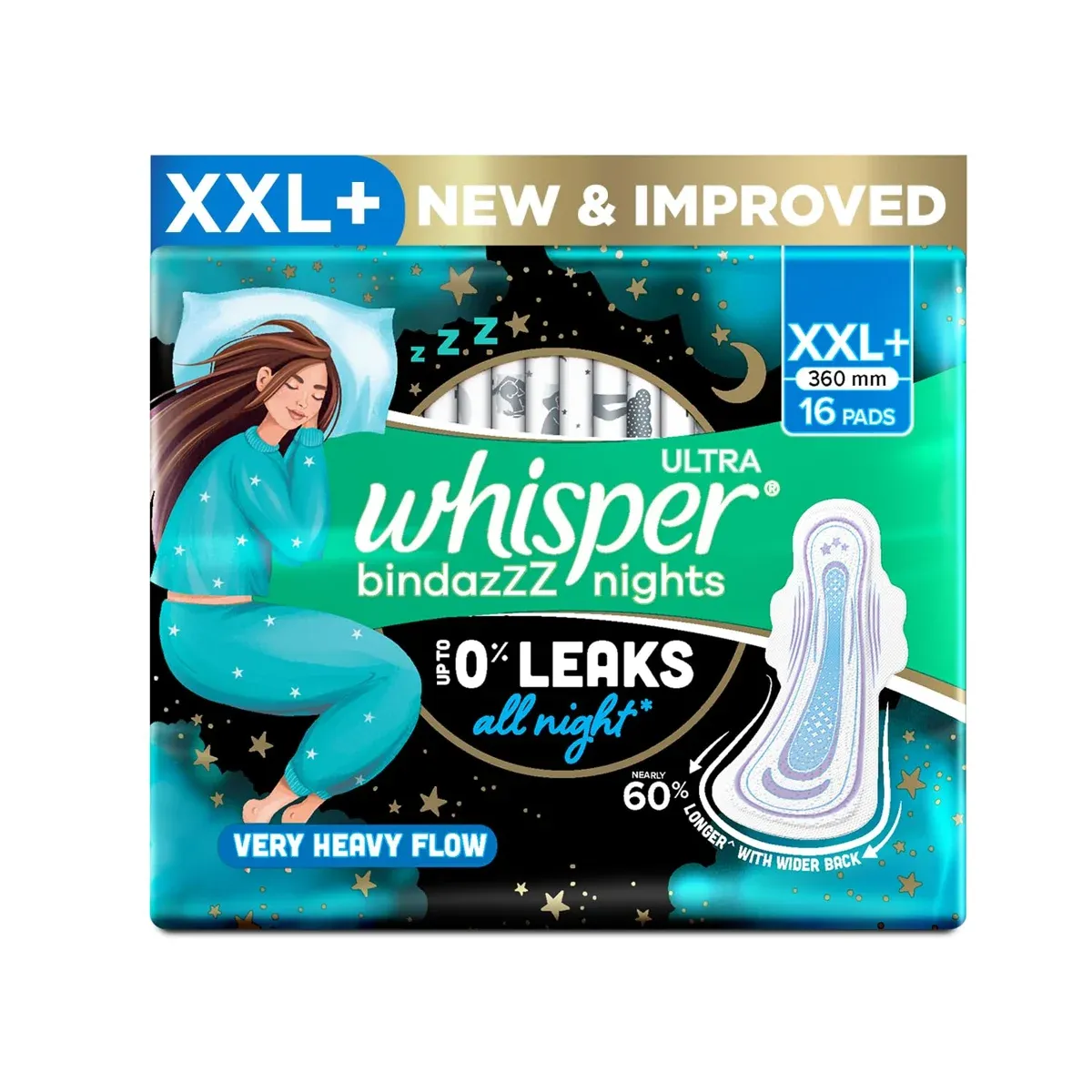 Whisper Bindazzz Nights XXL+ Sanitary Pads 16 Count – All-Night Leak Protection