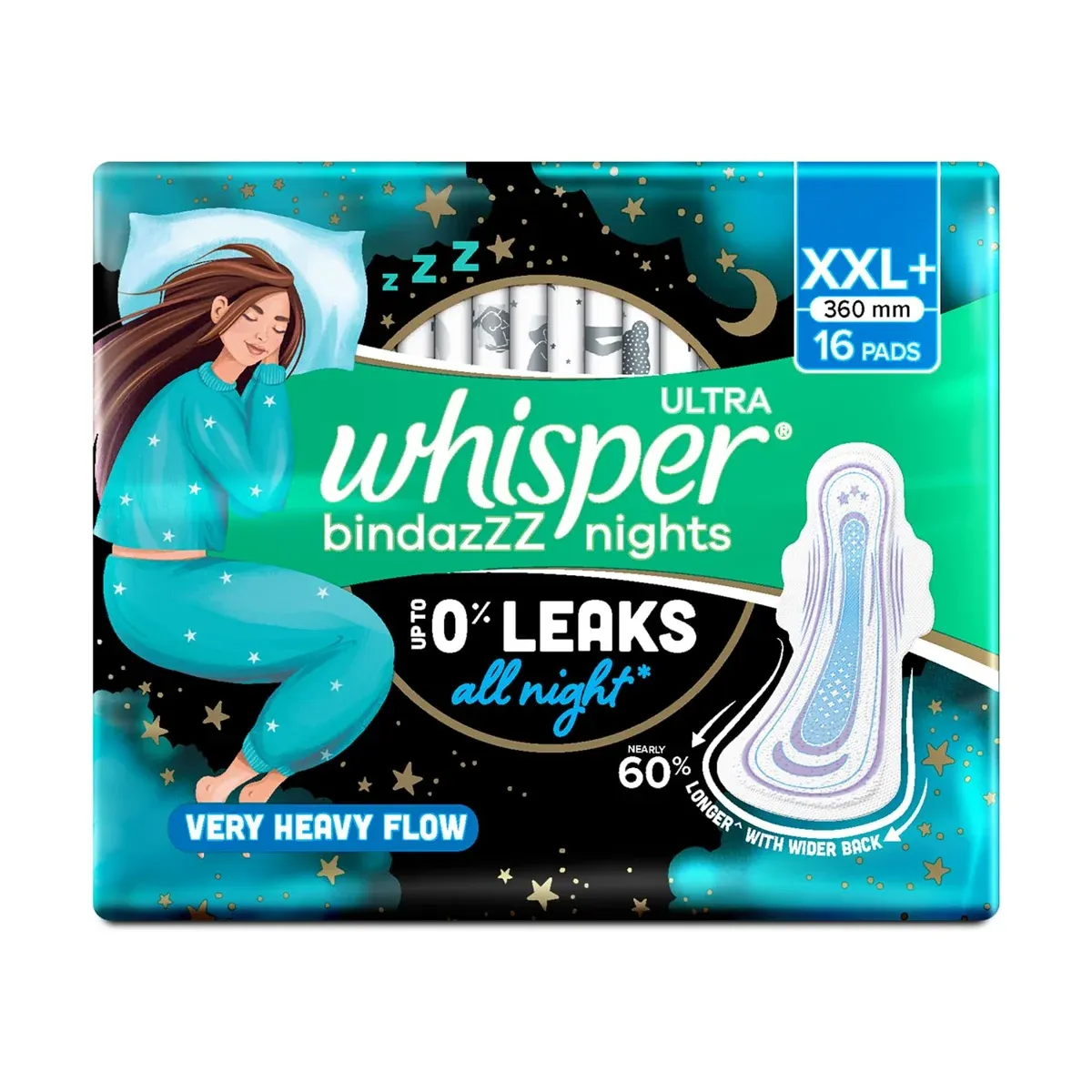 Whisper Bindazzz Nights XXL+ Sanitary Pads 16 Count – All-Night Leak Protection image 5