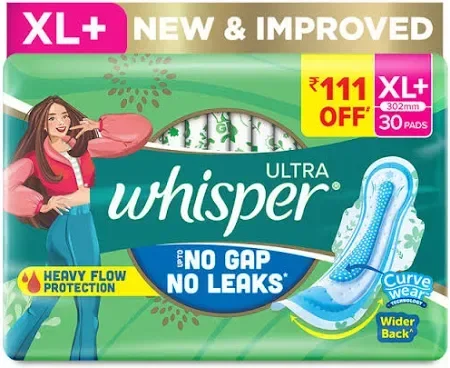 Whisper XL+ Pads Ultra – 30 Sanitary Pads, No Gap No Leaks, Comfortable & Secure
